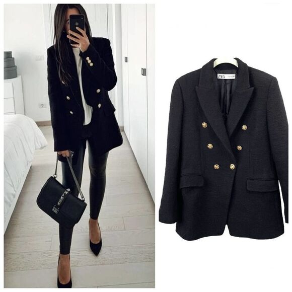 Zara Double breasted textured‎ weave jacket Sz M black - Picture 1 of 12